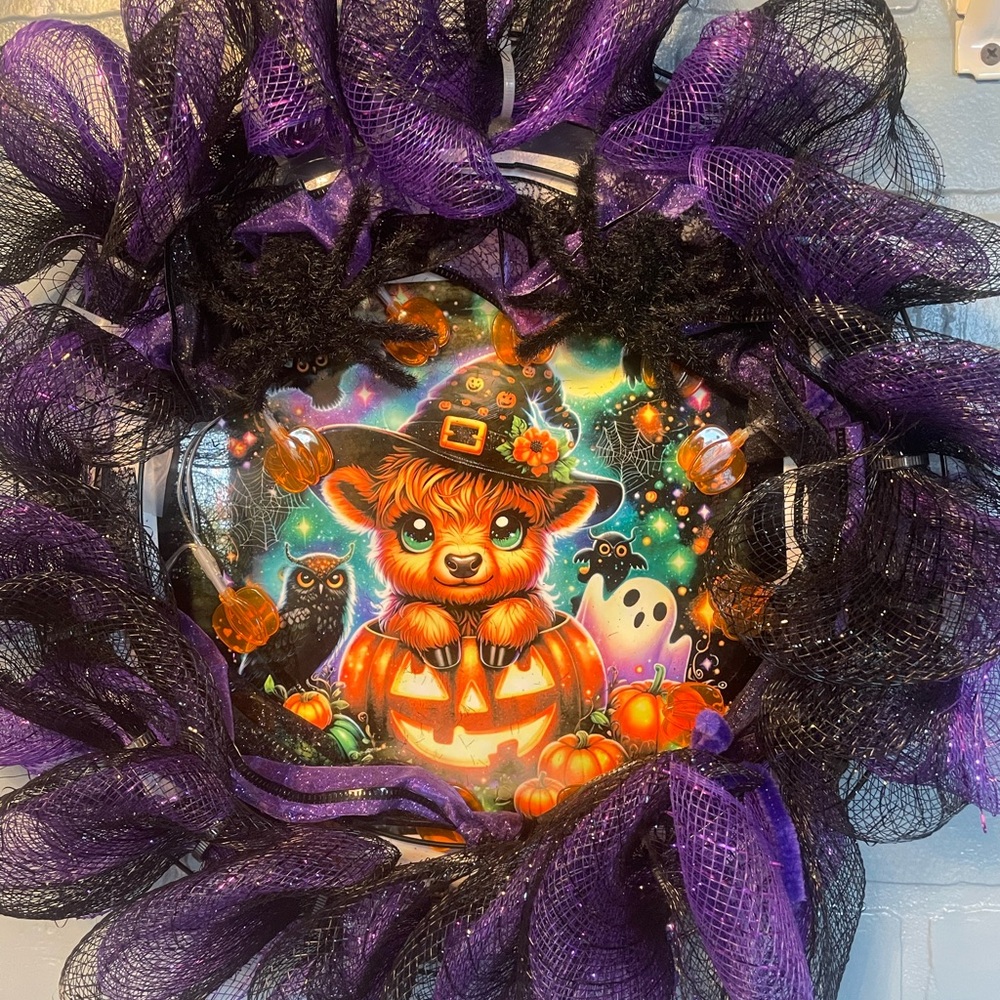 Halloween Wreath with Purple and Black Mesh